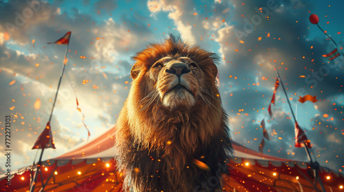a circus lion sitting in front of circus tent, sky background, World Circus Day. Holiday concept. Template for background, banner, card, poster