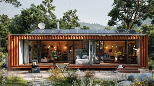 Country house made of containers with solar panels and generator set. Generative AI. © visoot