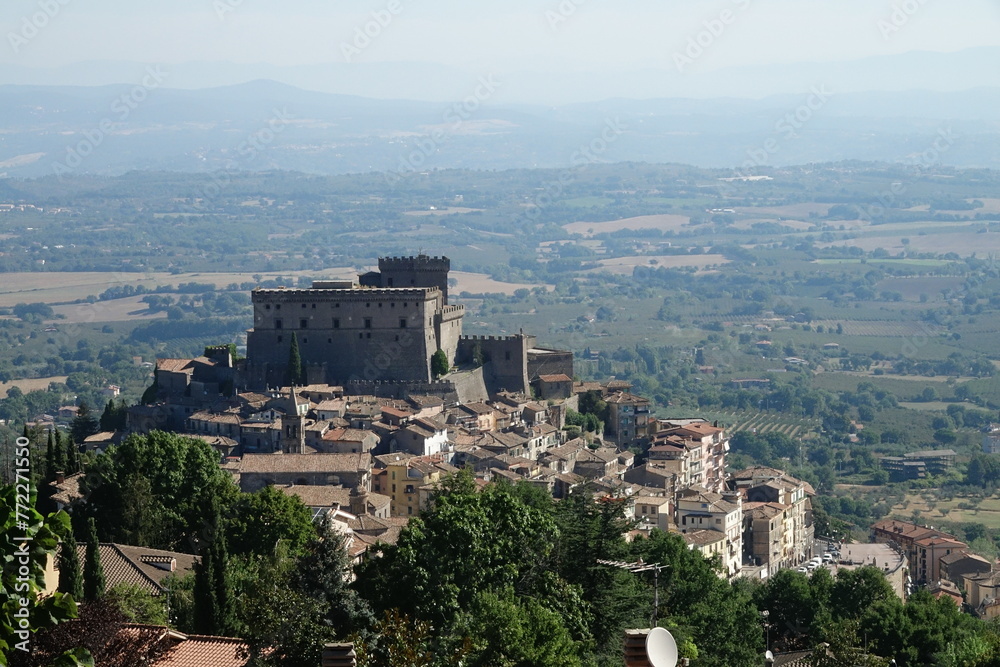 Aerial view of Orsini castle on the top of Soriano nel Cimino village. Soriano nel Cimino, Viterbo, Lazio, Italy