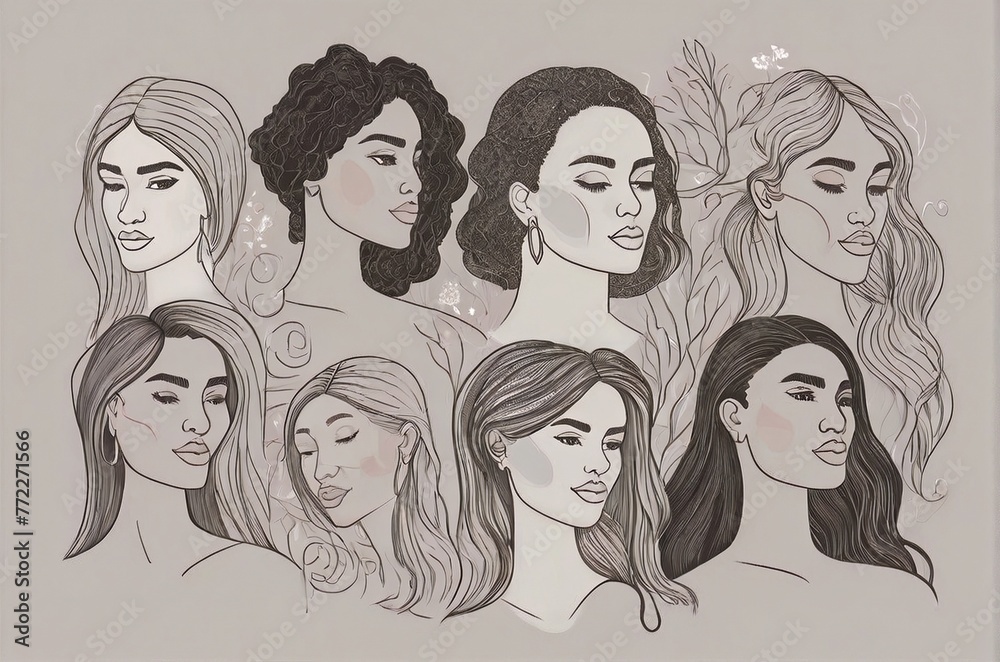 Group of young female standing together, Friends standing together. Concept of woman friendship, continuous one line drawing. Feminist together. AI generated Group of young female standing together, Friends standing together. Concept of woman friendship, continuous one line drawing. Feminist together. AI generated
