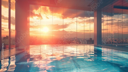Indoors pool of a modern minimal sleek luxury penthouse  during a stunning colorful sunset with view on the city skyline. Generative AI.