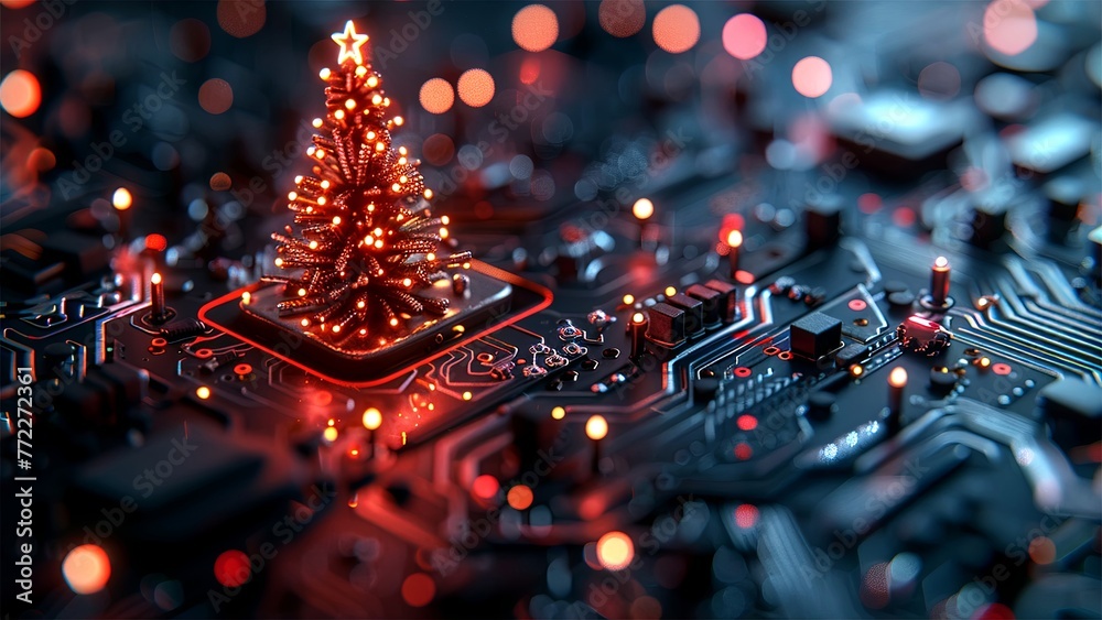 Christmas tree. Looped Christmas snow. Midnight snowfall. Neon. Noel. Loop. Generative AI. - obrazy, fototapety, plakaty 
