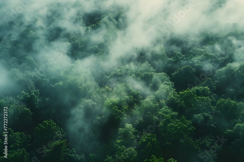 Enigmatic fog swirling through a dense forest. 