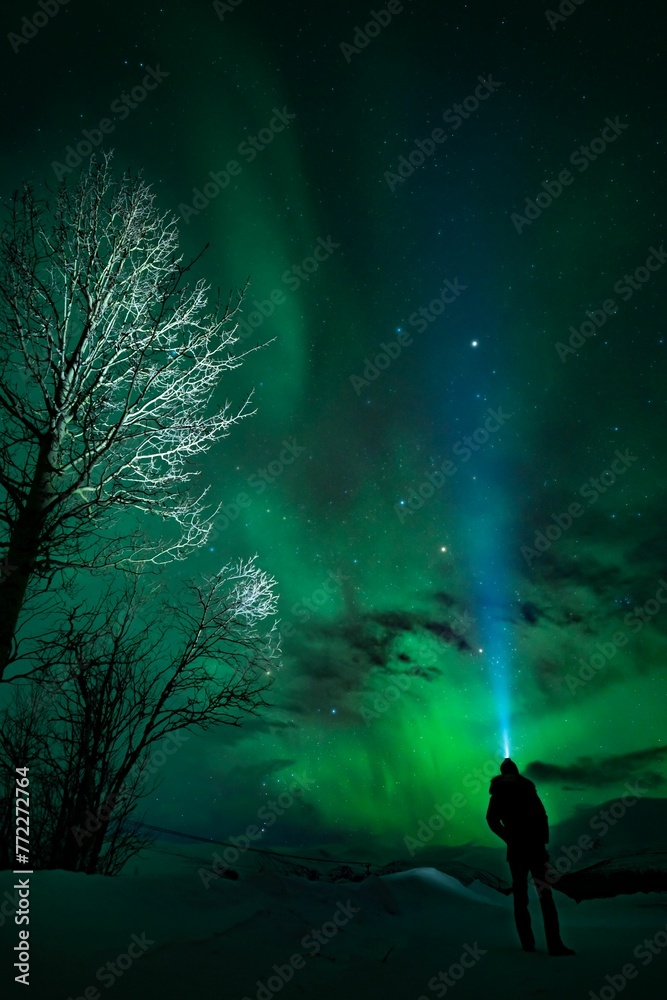 Vertical shot of a hiker standing on a snowy hill and looking at the Northern Lights