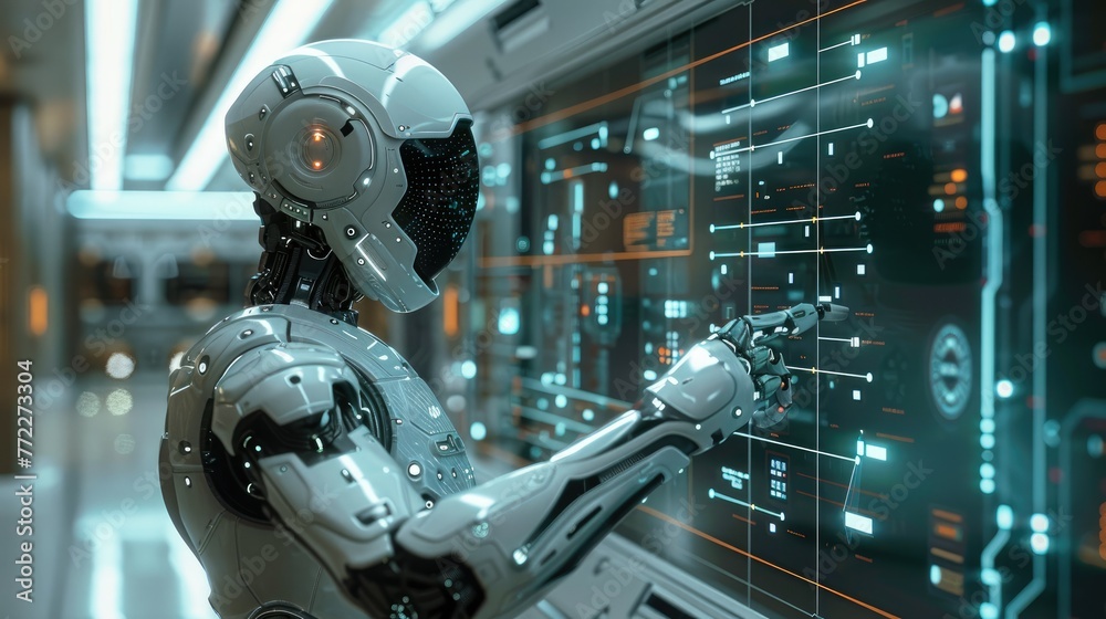 A robot pointing at a holographic screen. Generative AI. A robot pointing at a holographic screen. Generative AI.