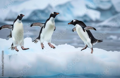 The penguins jumping from an ice floe into the sea