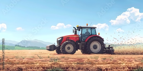 Tractor Plowing Through Fertile Fields Boosting Agricultural Productivity Amid Serene Countryside