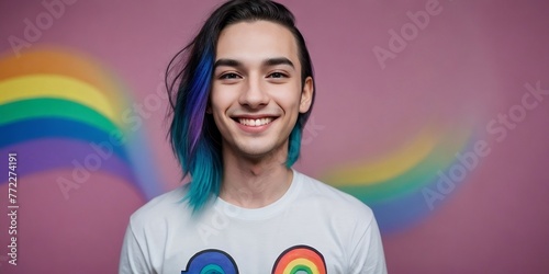 Attraactive gay wearing a rainbow shirt smiling against a colorful background with copy space.