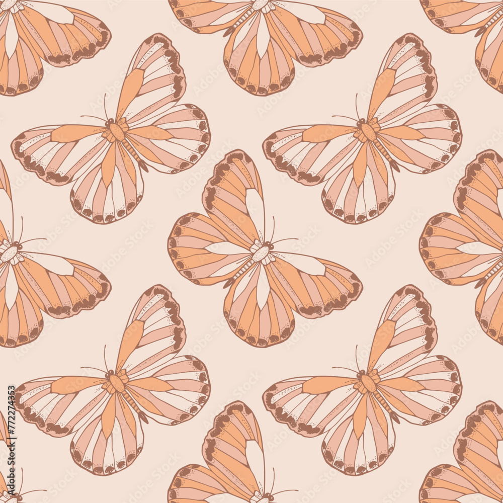 Seamless pattern with butterflies in pastel colors. Vector illustration in boho style. - obrazy, fototapety, plakaty 