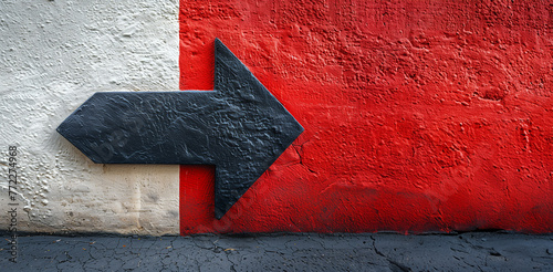 Black 3d arrow sign on white and red wall: textured 3d black arrow pointing right, mounted on a wall with white and red segments