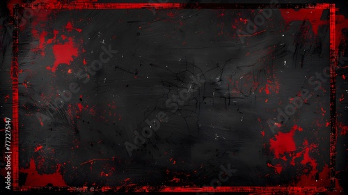 Dynamic red distressed border on isolated black backdrop, striking red paint strokes on black wall photo