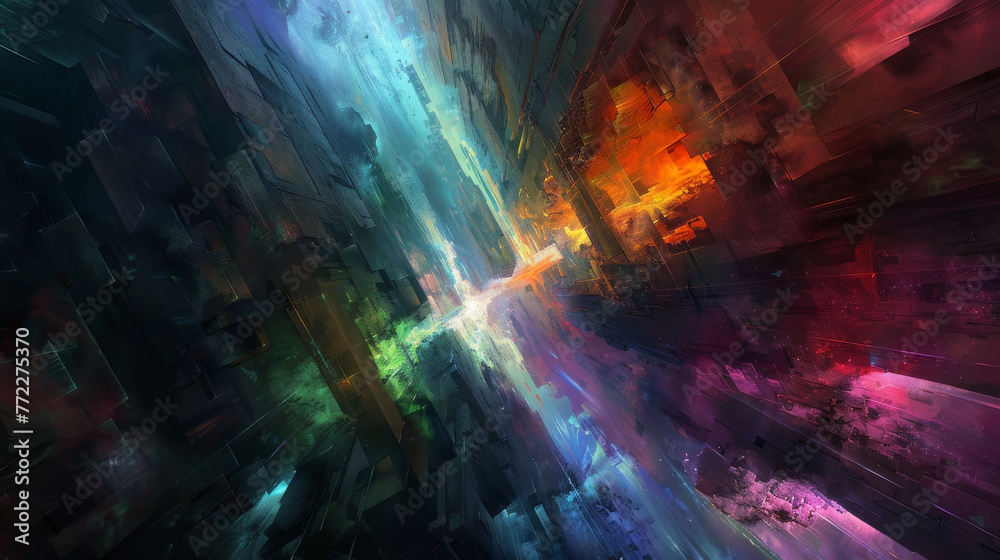 Shards of colored light breaking through the cracks of a dark, monolithic structure Shards of colored light breaking through the cracks of a dark, monolithic structure