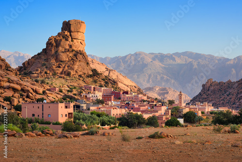 Tafraout town and Napoleon's hat rock in Atlas mountains, Morocco
