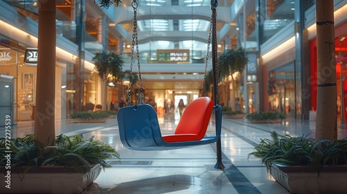 A swing is placed at the entrance of the shopping mall. Generative AI. photo