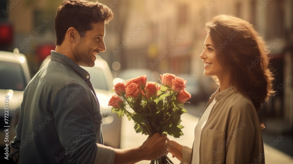 a smiling handsome Man gives a bouquet of flowers, bright pink roses to his beloved woman, Girlfriend, Girl on the street of the city. Romantic lifestyle, Honeymoon, relationship, feelings concepts a smiling handsome Man gives a bouquet of flowers, bright pink roses to his beloved woman, Girlfriend, Girl on the street of the city. Romantic lifestyle, Honeymoon, relationship, feelings concepts
