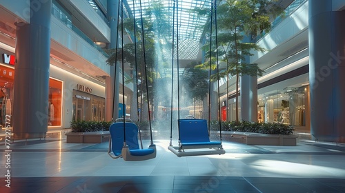 A swing is placed at the entrance of the shopping mall. Generative AI.