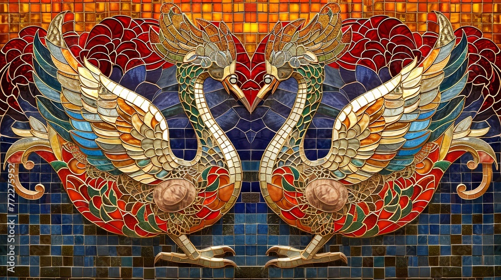 Colorful stained glass artwork featuring two swans amidst blooming water lilies and leaves.