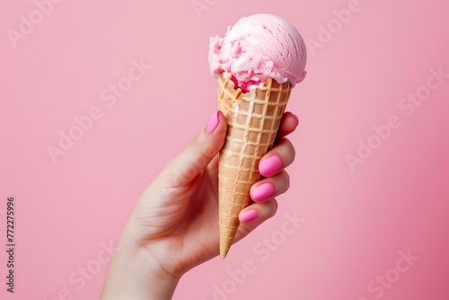 woman hand with pink manicure holding and ice ceram cone with pink ice cream on a pastel pink background