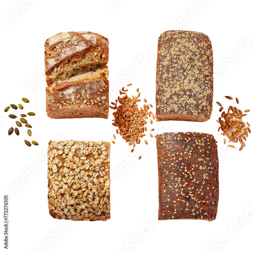 Various bread types and seeds displayed on a transparent background