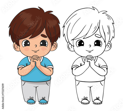 Praying little boy in full growth with folded hands in prayer. Isolated colored and linear hand drawing. Religious believer male child character. Kids collection