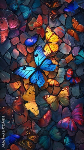 Stained glass artwork with monarch butterflies against a mosaic backdrop in shades of blue and orange.