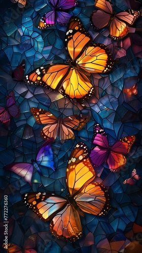 Stained glass artwork with monarch butterflies against a mosaic backdrop in shades of blue and orange. © soysuwan123
