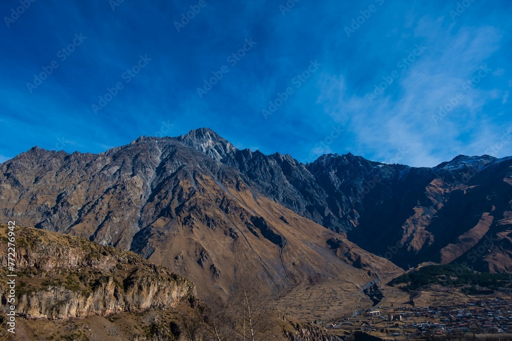 Scenic image of Kazbegi Mountain in the Mtskheta-Mtianeti region of Georgia