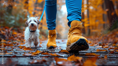 Ground perspective of a person with bright yellow boots walking alongside a fluffy dog on a wooden path strewn with autumn leaves