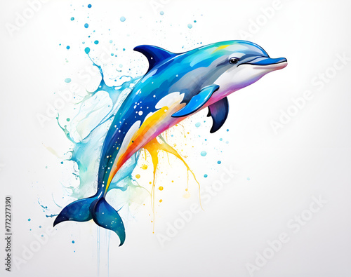 Colorful dolphins swimming in a colorful background, illustrated by illustrators of dolphins in the sea