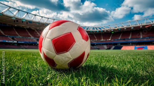 A soccer ball is placed on a grassy field in a stadium.