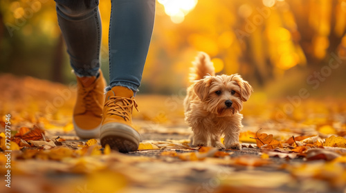 Front view of a tiny dog and owner's legs walking on a leafy path, showcasing a shared adventure in a golden forest photo
