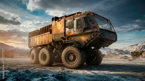 A large truck driving on a snowy and rocky terrain.