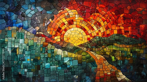 A picturesque stained glass window scene depicting a river landscape with a radiant sunset and rolling hills.