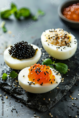 Boiled eggs with red and black caviar
