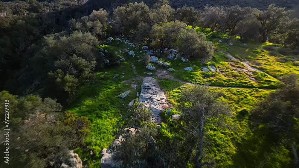 Aerial video of the rocks on the mountain covered with green grass and trees Aerial video of the rocks on the mountain covered with green grass and trees