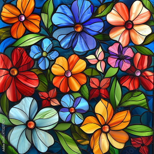 Bright and colorful floral mosaic made from stained glass  featuring a variety of flower designs.