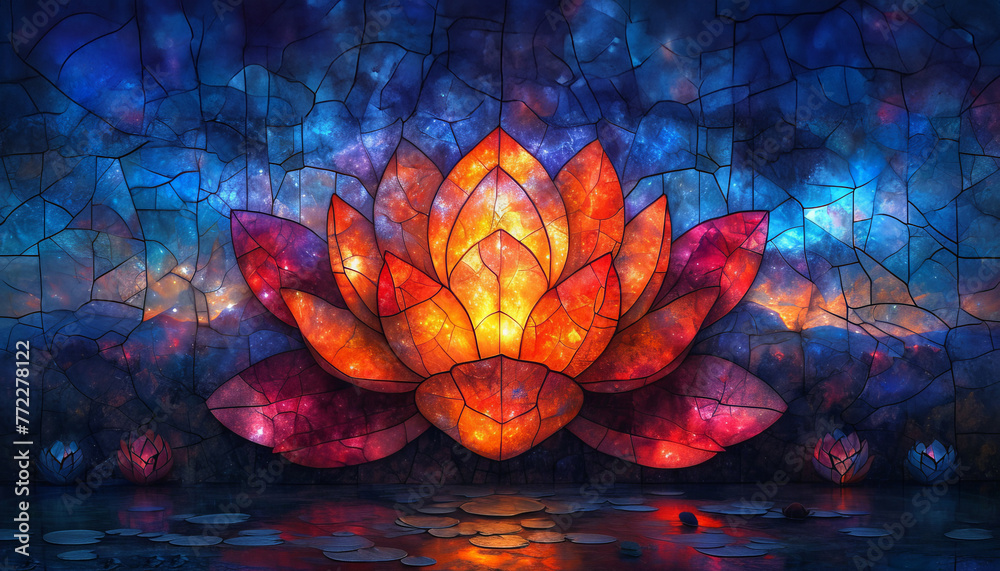 Artistic stained glass depiction of a lotus flower glowing against a ...