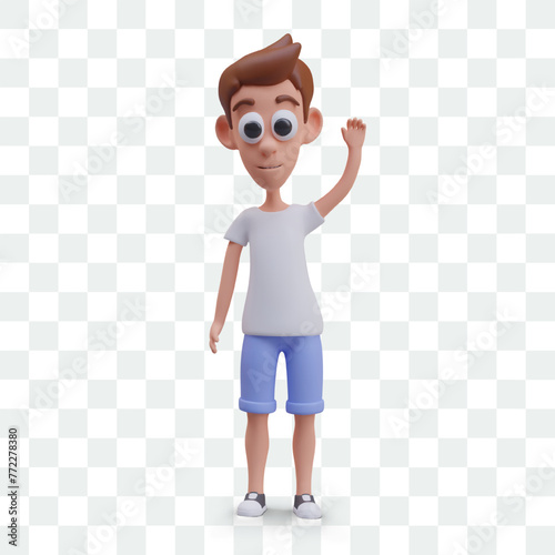 Vector 3D boy waving his hand. Child character greets with gesture