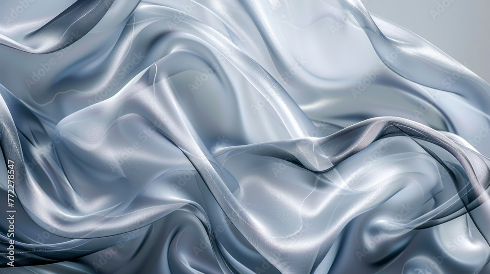 Obraz premium Textile silver silk backdrop. Delicate luxurious, glowing grey satin fabric, with soft, flowing waves creating sense of gentle movement and elegance. Concept of bedding and high-end fashion