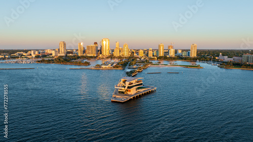 Принти на полотні Sunrise at Saint Petersburg, Florida pier with downtown skyline in the background, aerial perspective