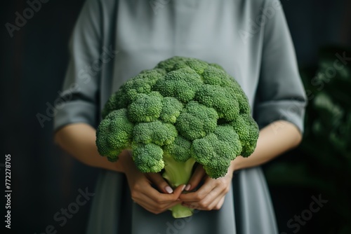 hand holding a fresh green broccoli vegetable against a background of black bokeh