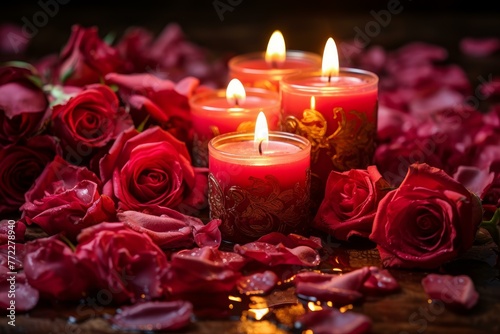 Fragrant White roses burning candles. Light flame dark. Generate Ai