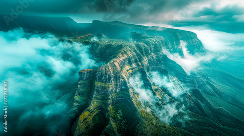 This aerial view showcases a towering mountain shrouded in thick clouds,