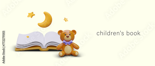 Children book concept. Realistic teddy bear is sitting next to open book