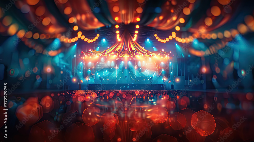 World Circus Day. Holiday concept. circus show stage with colorful lights blur photo effect background, banner, card, poster  - obrazy, fototapety, plakaty 