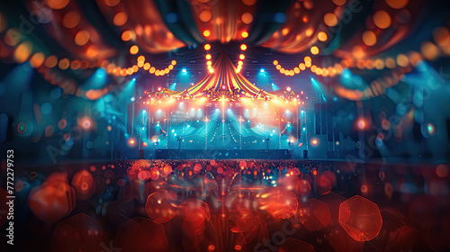 World Circus Day. Holiday concept. circus show stage with colorful lights blur photo effect background, banner, card, poster 
