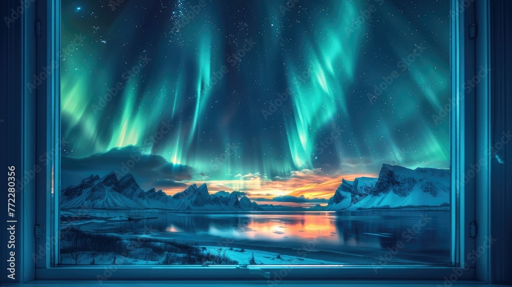 An open window, through it, a magnificent view of the northern lights. Generative AI.