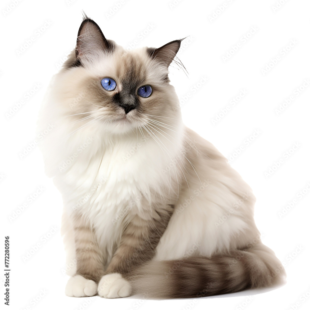 Ragdoll cat close up portrait isolated on white transparent. Cute pet, descendant of the african serval, loyal friend, good companion