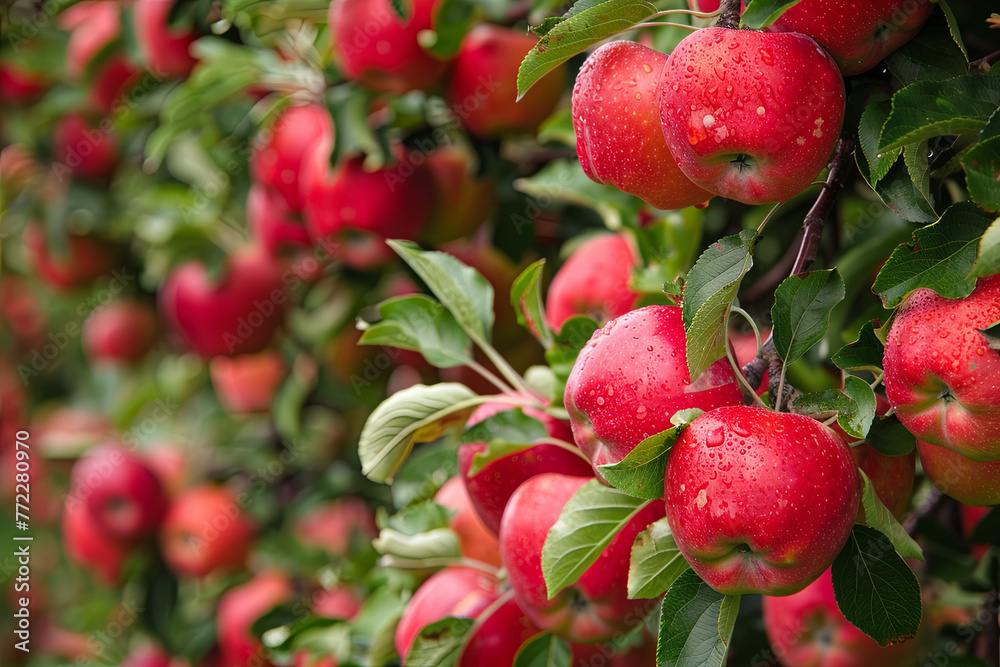 Apple trees in an orchard, with red apples ready for harvest
Apple trees in an orchard, with red apples ready for harvest
