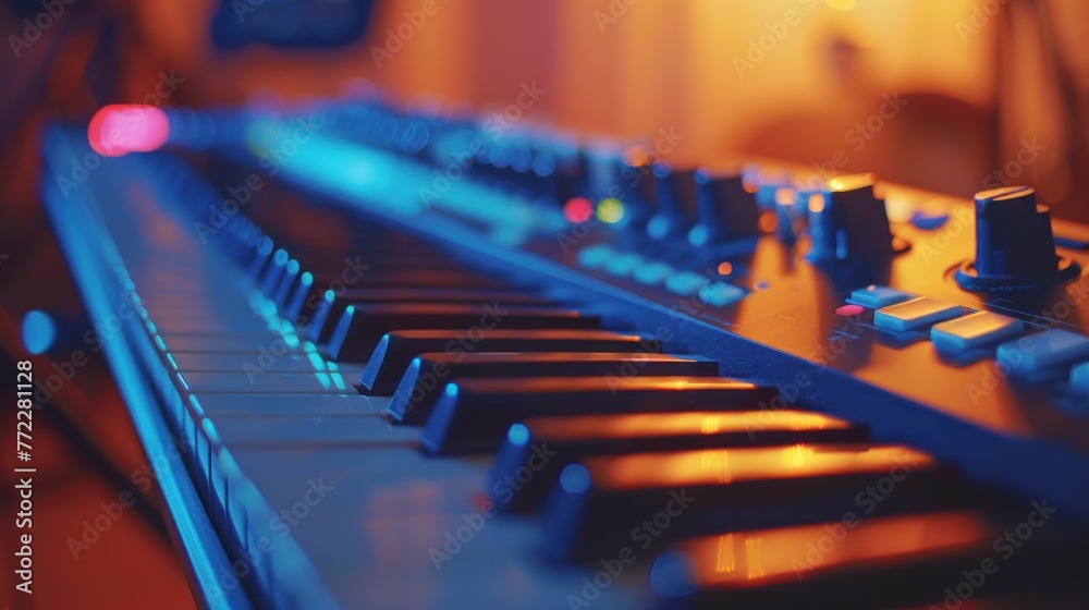 Close-up detailed an electronic piano part keys on blurred stage background. AI generated - obrazy, fototapety, plakaty 